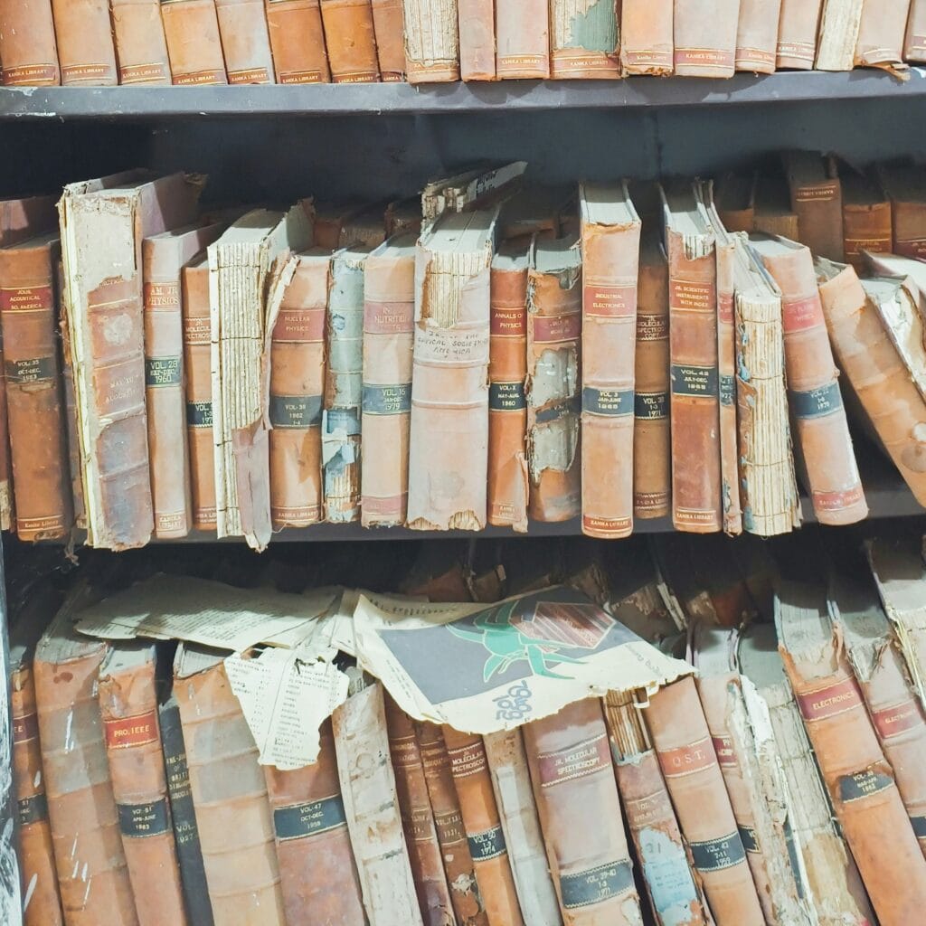 shelf of old books in library